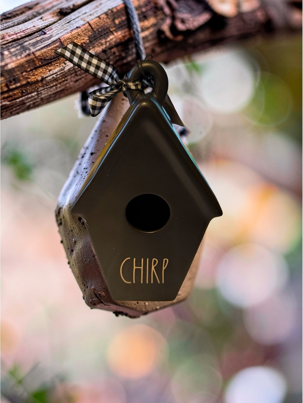 Rae Dunn CHIRP Black Ceramic Birdhouse Magenta Gingham Ribbon Farmhouse Decor